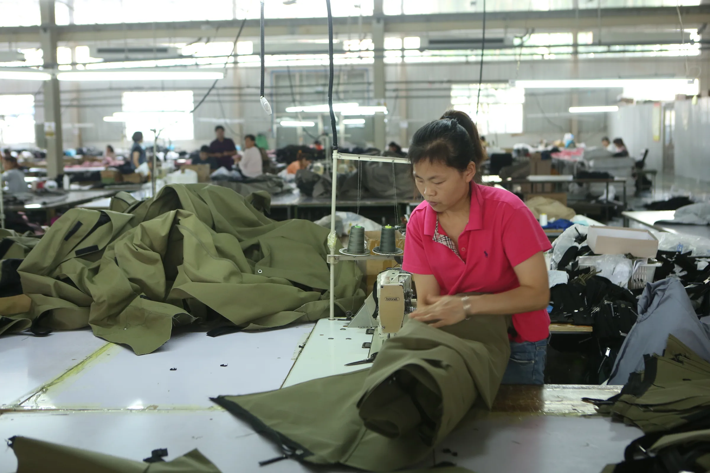Heavy-duty tent fabric sewing in the workshop