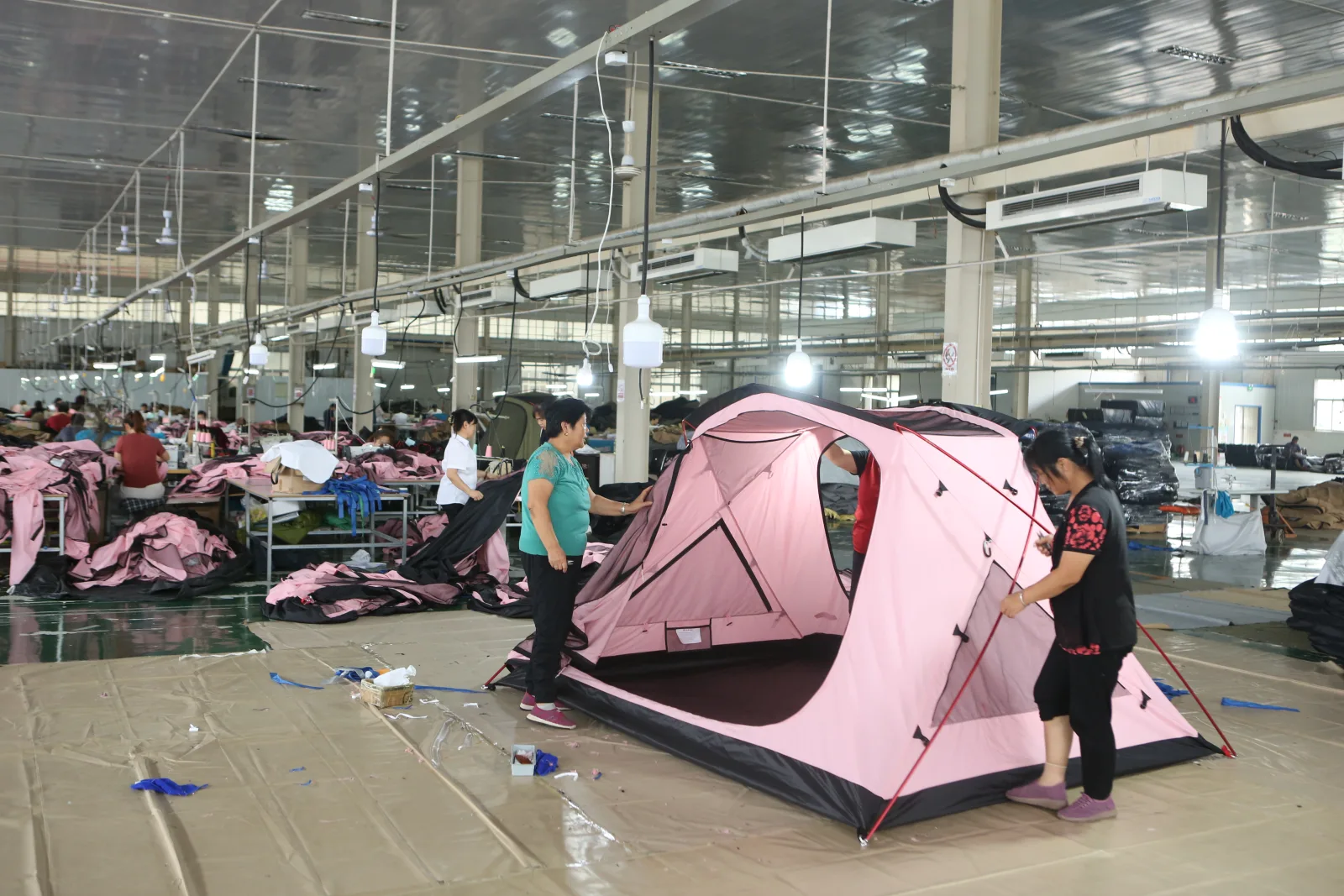 Tent trial assembly at Dong Jun factory